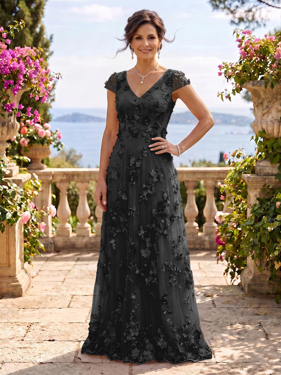 V Neck Tulle Cap Sleeves A Line Mother of the Bride/Groom Dresses
