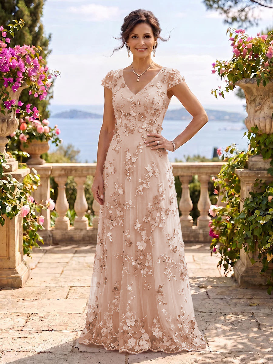 V Neck Tulle Cap Sleeves A Line Mother of the Bride/Groom Dresses