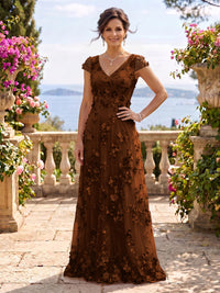 V Neck Tulle Cap Sleeves A Line Mother of the Bride/Groom Dresses