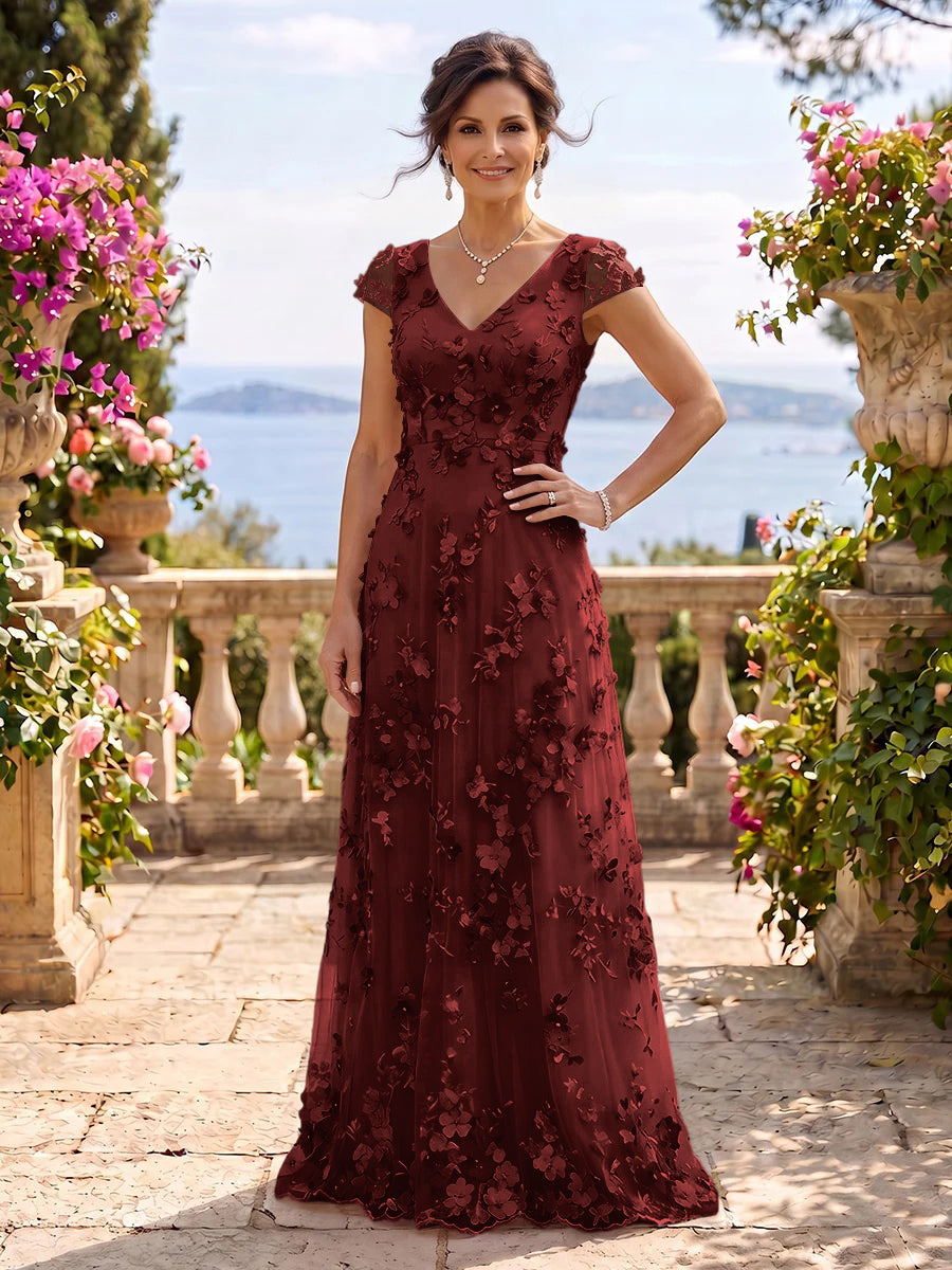 V Neck Tulle Cap Sleeves A Line Mother of the Bride/Groom Dresses