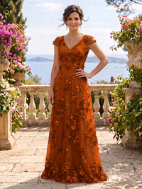V Neck Tulle Cap Sleeves A Line Mother of the Bride/Groom Dresses