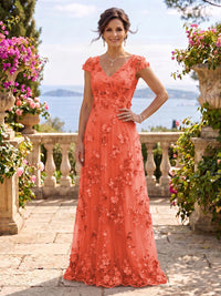 V Neck Tulle Cap Sleeves A Line Mother of the Bride/Groom Dresses