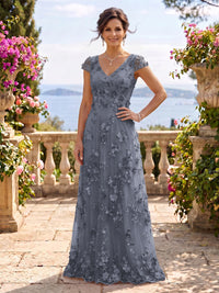 V Neck Tulle Cap Sleeves A Line Mother of the Bride/Groom Dresses