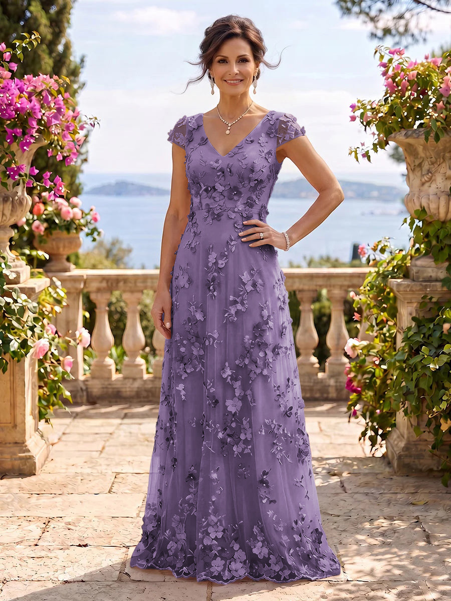 V Neck Tulle Cap Sleeves A Line Mother of the Bride/Groom Dresses