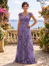 V Neck Tulle Cap Sleeves A Line Mother of the Bride/Groom Dresses