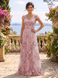 V Neck Tulle Cap Sleeves A Line Mother of the Bride/Groom Dresses