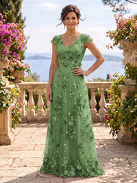 V Neck Tulle Cap Sleeves A Line Mother of the Bride/Groom Dresses