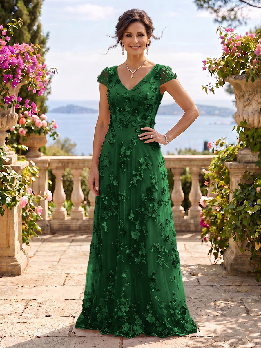 V Neck Tulle Cap Sleeves A Line Mother of the Bride/Groom Dresses