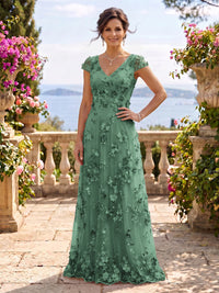V Neck Tulle Cap Sleeves A Line Mother of the Bride/Groom Dresses