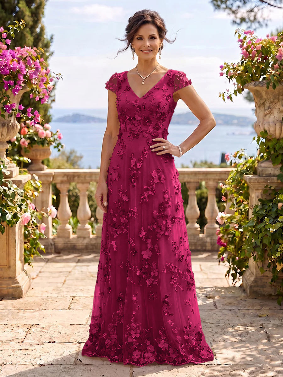 V Neck Tulle Cap Sleeves A Line Mother of the Bride/Groom Dresses