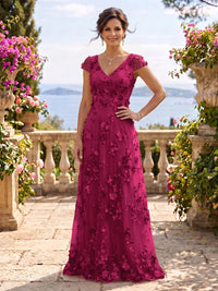 V Neck Tulle Cap Sleeves A Line Mother of the Bride/Groom Dresses