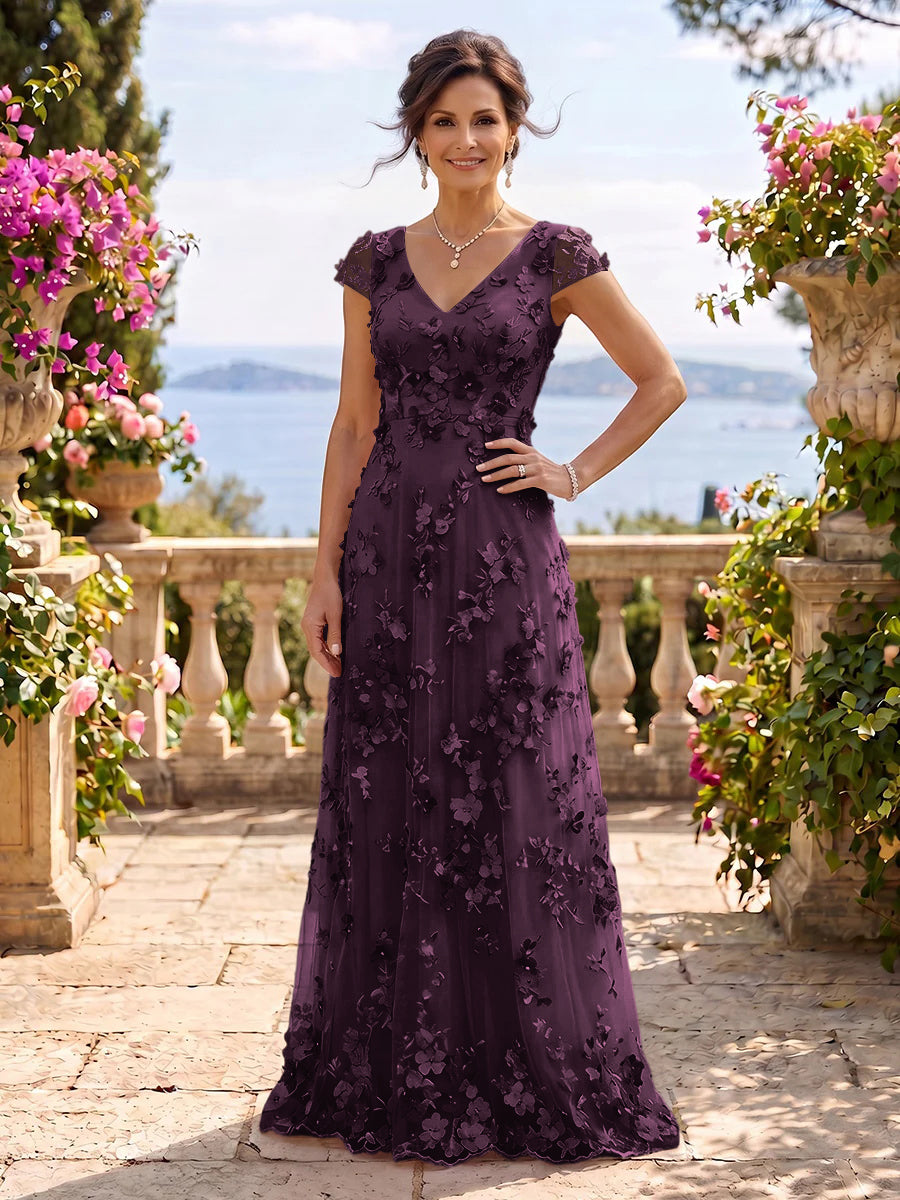V Neck Tulle Cap Sleeves A Line Mother of the Bride/Groom Dresses