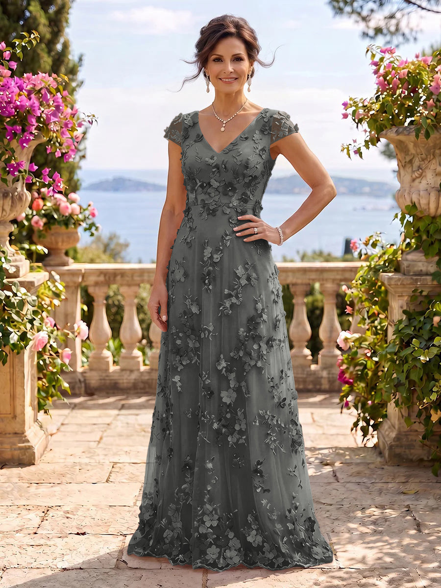 V Neck Tulle Cap Sleeves A Line Mother of the Bride/Groom Dresses
