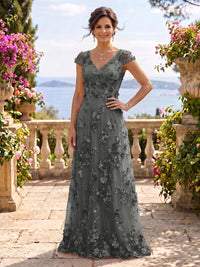 V Neck Tulle Cap Sleeves A Line Mother of the Bride/Groom Dresses