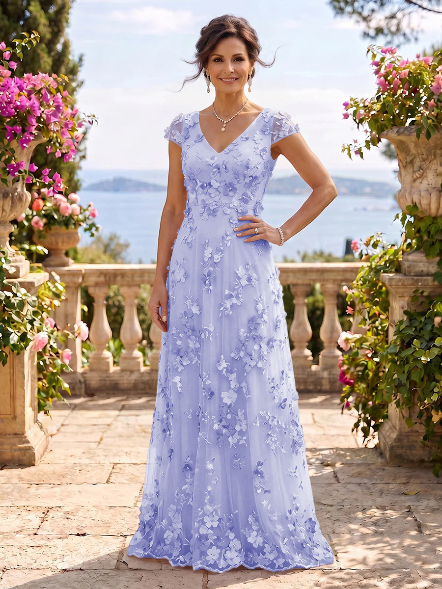 V Neck Tulle Cap Sleeves A Line Mother of the Bride/Groom Dresses