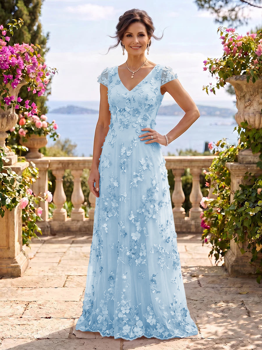 V Neck Tulle Cap Sleeves A Line Mother of the Bride/Groom Dresses