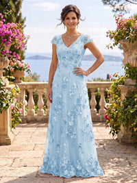 V Neck Tulle Cap Sleeves A Line Mother of the Bride/Groom Dresses