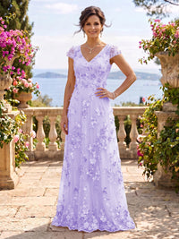 V Neck Tulle Cap Sleeves A Line Mother of the Bride/Groom Dresses