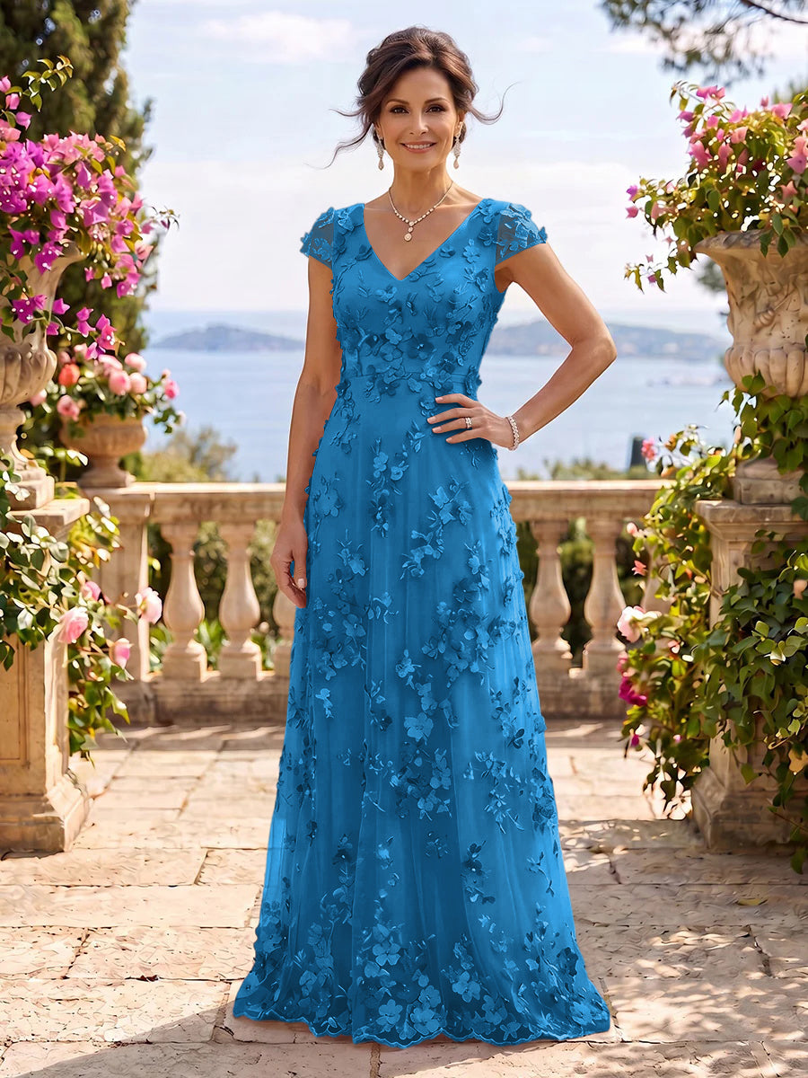 V Neck Tulle Cap Sleeves A Line Mother of the Bride/Groom Dresses