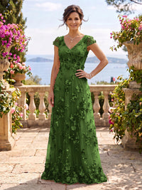 V Neck Tulle Cap Sleeves A Line Mother of the Bride/Groom Dresses