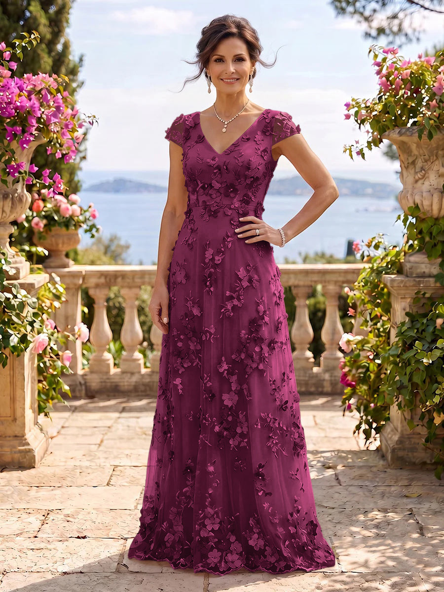 V Neck Tulle Cap Sleeves A Line Mother of the Bride/Groom Dresses