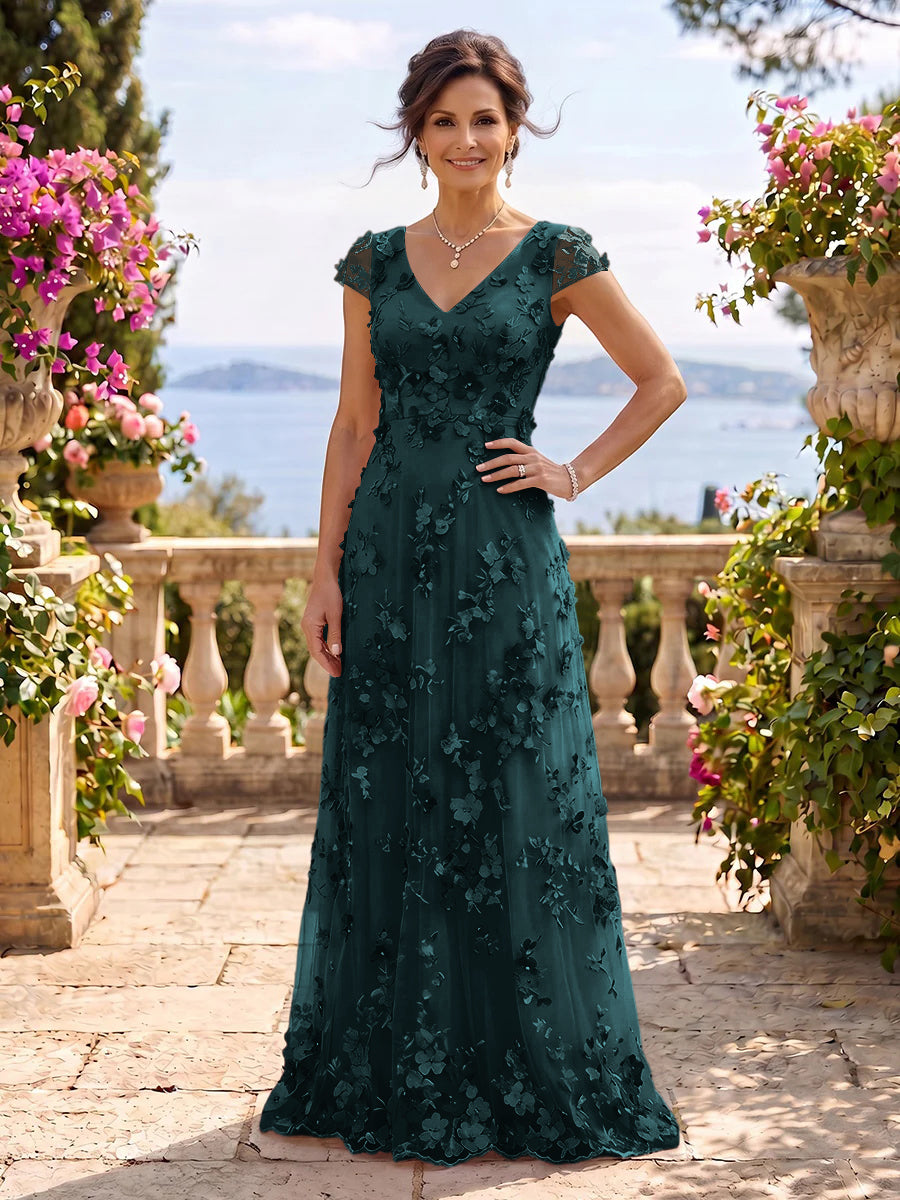 V Neck Tulle Cap Sleeves A Line Mother of the Bride/Groom Dresses
