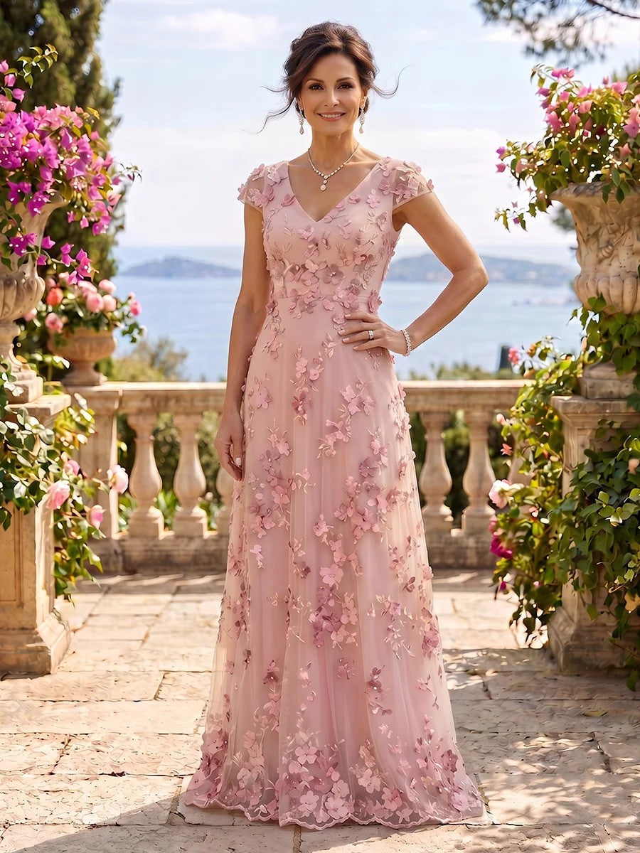 V Neck Tulle Cap Sleeves A Line Mother of the Bride/Groom Dresses