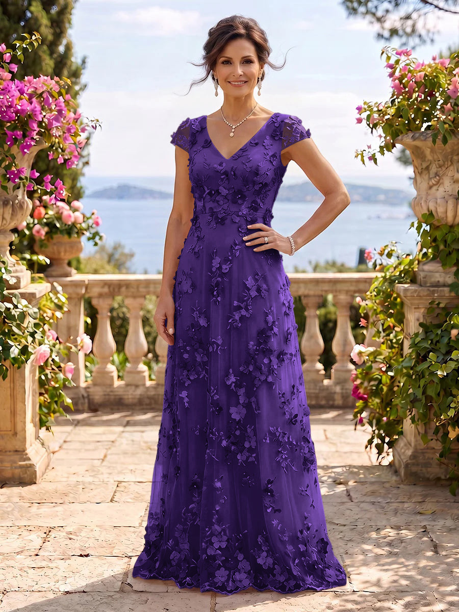 V Neck Tulle Cap Sleeves A Line Mother of the Bride/Groom Dresses