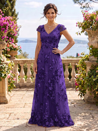 V Neck Tulle Cap Sleeves A Line Mother of the Bride/Groom Dresses