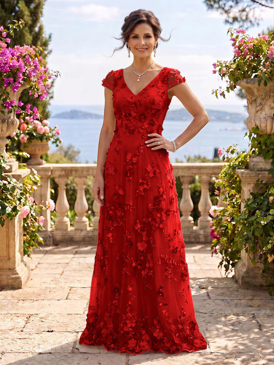 V Neck Tulle Cap Sleeves A Line Mother of the Bride/Groom Dresses