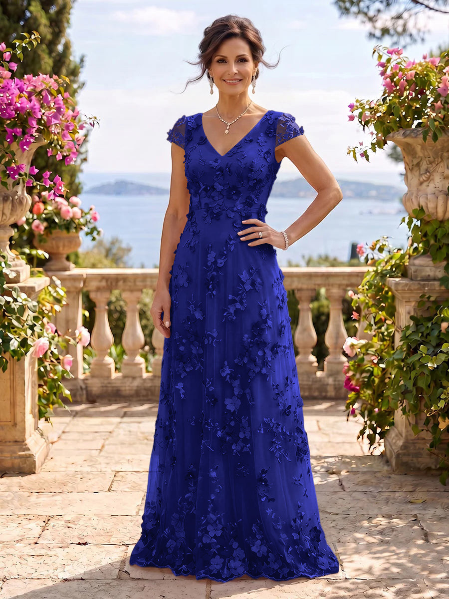 V Neck Tulle Cap Sleeves A Line Mother of the Bride/Groom Dresses