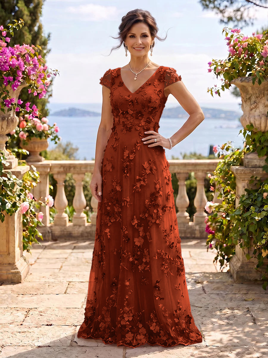 V Neck Tulle Cap Sleeves A Line Mother of the Bride/Groom Dresses