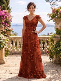 V Neck Tulle Cap Sleeves A Line Mother of the Bride/Groom Dresses