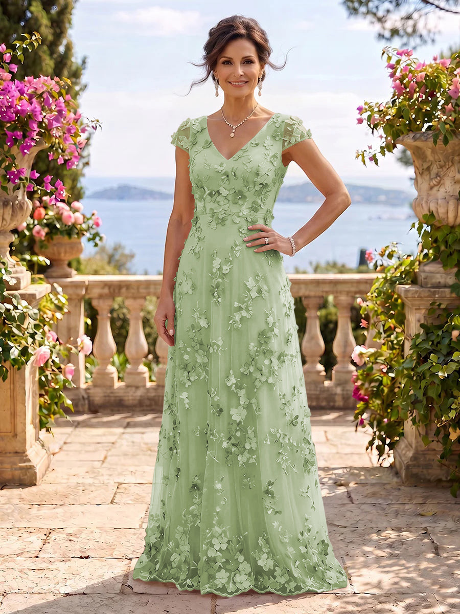 V Neck Tulle Cap Sleeves A Line Mother of the Bride/Groom Dresses