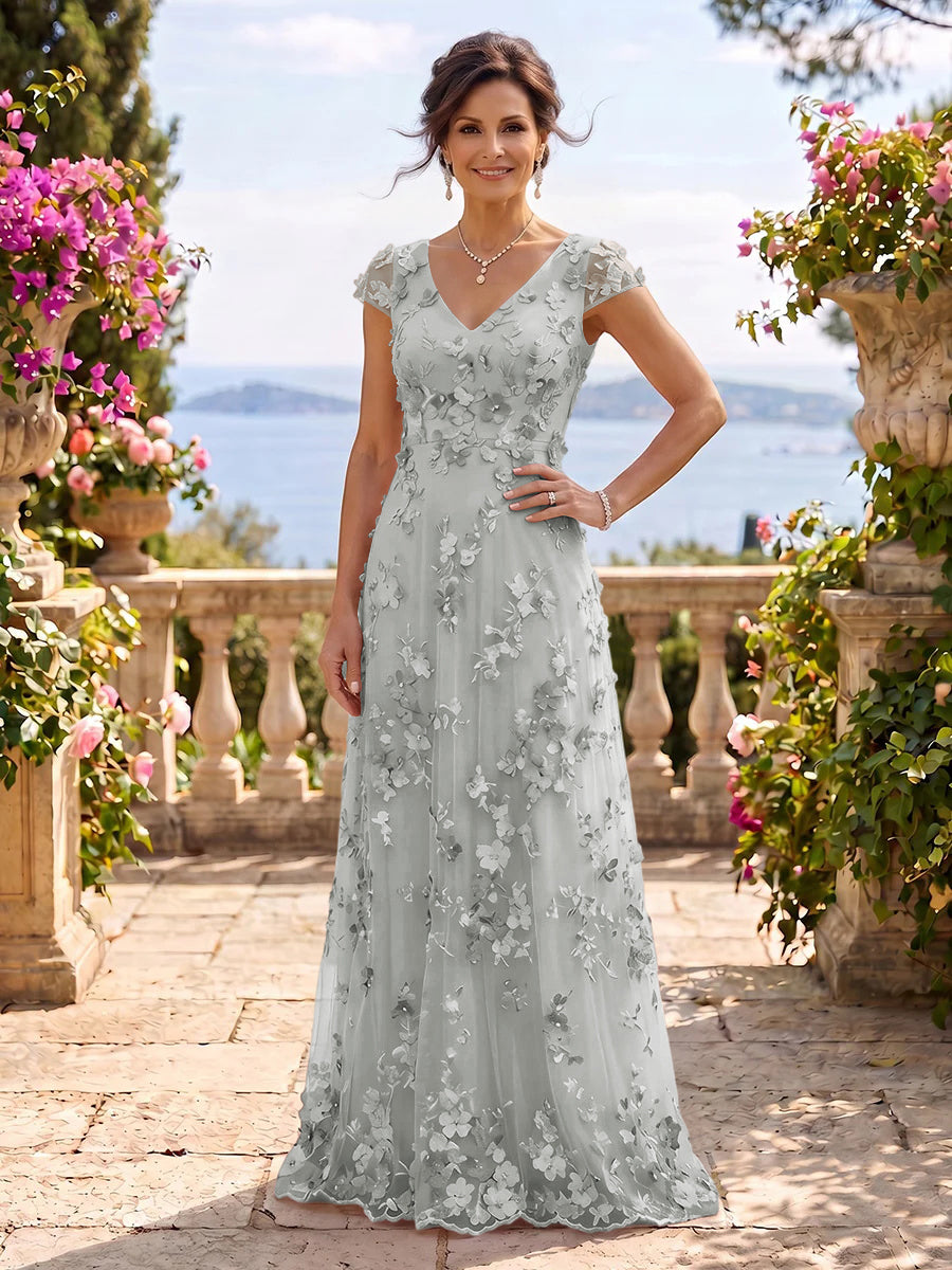 V Neck Tulle Cap Sleeves A Line Mother of the Bride/Groom Dresses