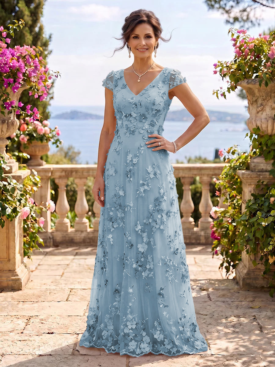 V Neck Tulle Cap Sleeves A Line Mother of the Bride/Groom Dresses