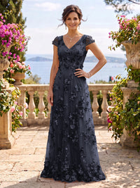 V Neck Tulle Cap Sleeves A Line Mother of the Bride/Groom Dresses