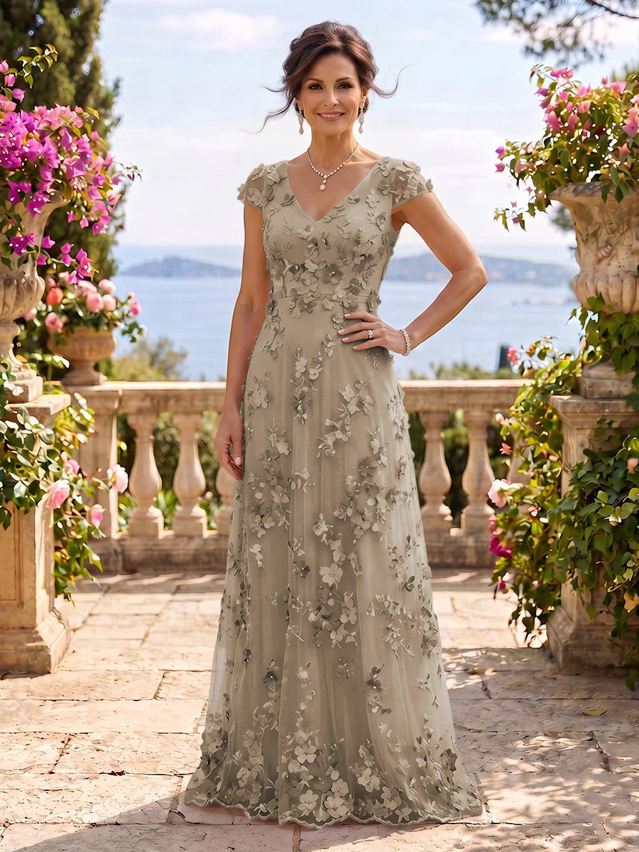 V Neck Tulle Cap Sleeves A Line Mother of the Bride/Groom Dresses