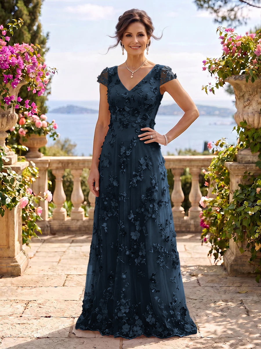 V Neck Tulle Cap Sleeves A Line Mother of the Bride/Groom Dresses