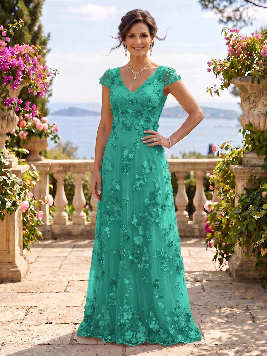 V Neck Tulle Cap Sleeves A Line Mother of the Bride/Groom Dresses
