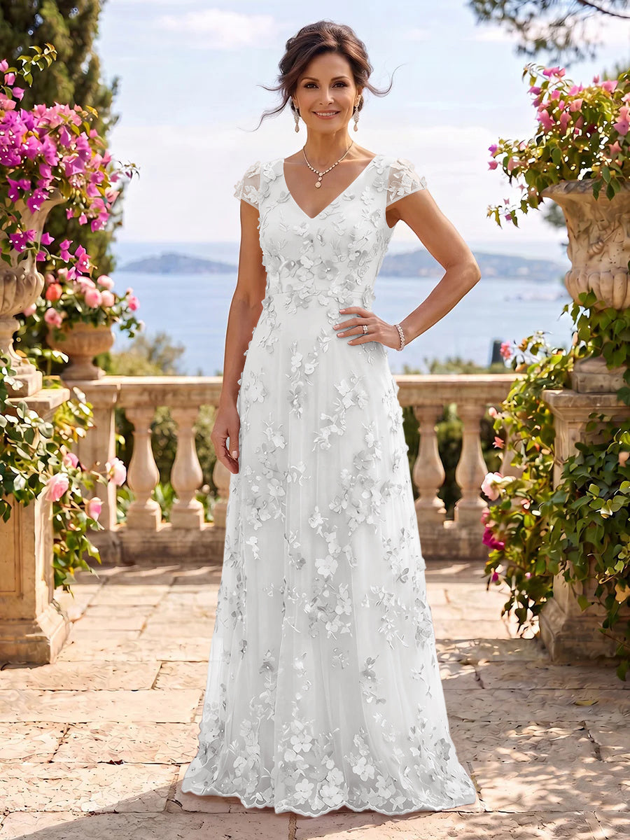 V Neck Tulle Cap Sleeves A Line Mother of the Bride/Groom Dresses