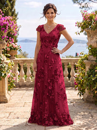 V Neck Tulle Cap Sleeves A Line Mother of the Bride/Groom Dresses