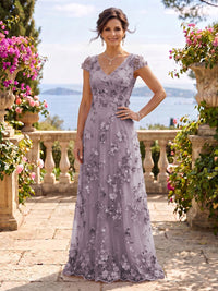 V Neck Tulle Cap Sleeves A Line Mother of the Bride/Groom Dresses