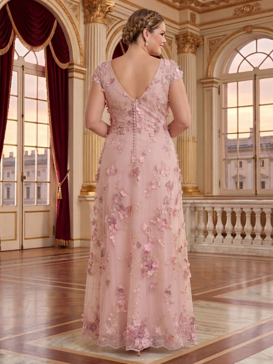 Lace Plus Size Short Sleeves A Line V Neck Floor Length  Mother of the Bride/Groom Dresses