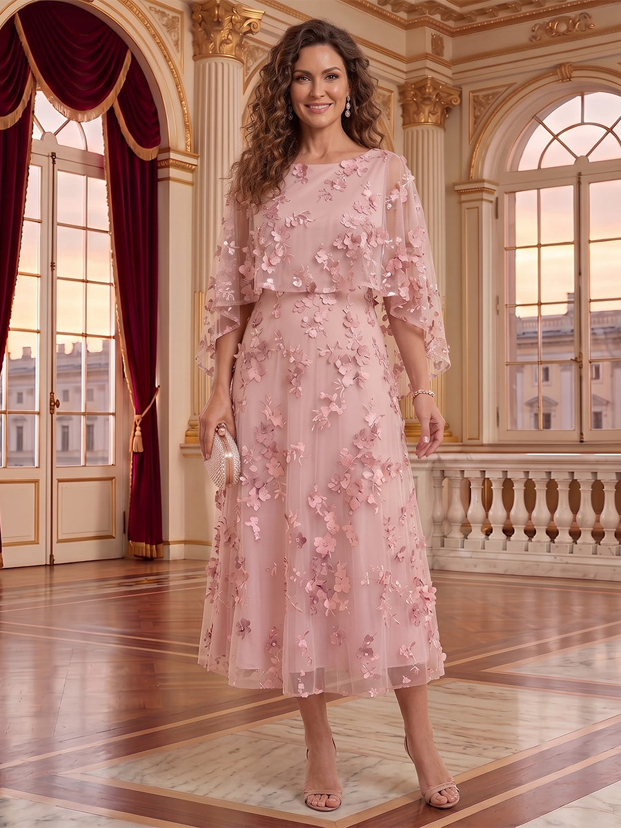 Round Neck Tulle Cape Sleeves Tea Length Mother of the Bride/Groom Dresses