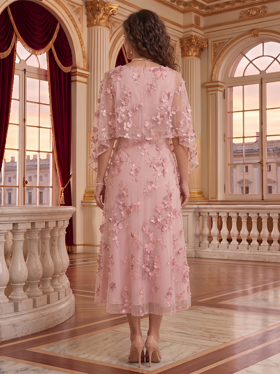 Round Neck Tulle Cape Sleeves Tea Length Mother of the Bride/Groom Dresses