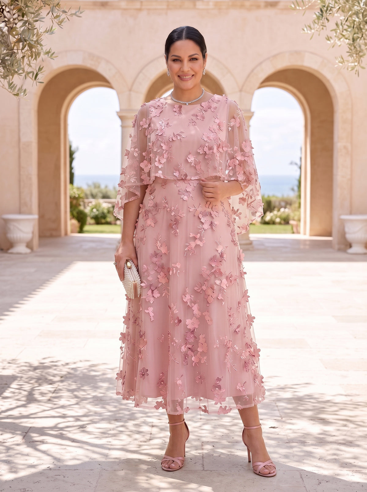 Round Neck Tulle Cape Sleeves Tea Length Mother of the Bride/Groom Dresses