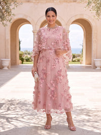 Round Neck Tulle Cape Sleeves Tea Length Mother of the Bride/Groom Dresses