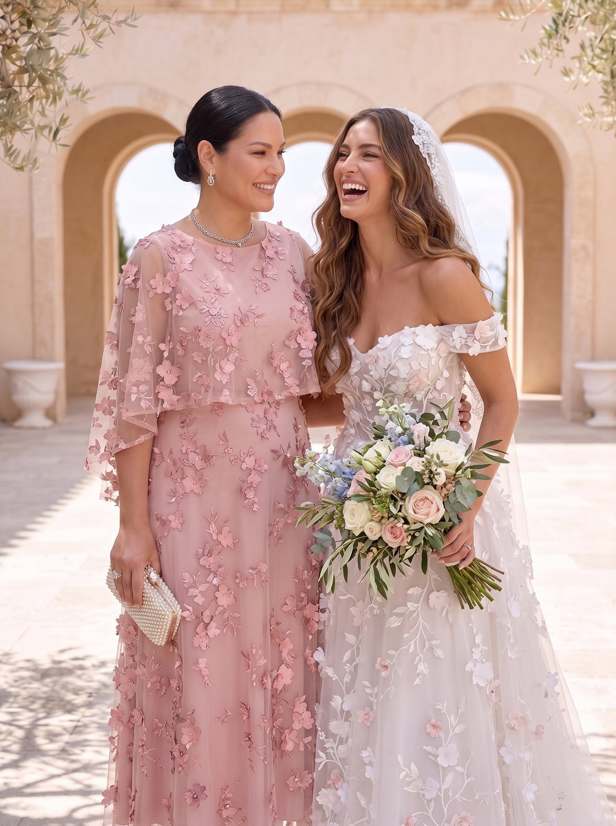 Round Neck Tulle Cape Sleeves Tea Length Mother of the Bride/Groom Dresses