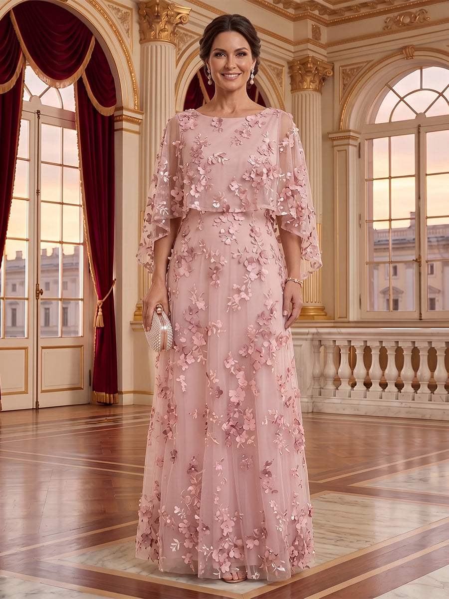 Round Neck Tulle Cape Sleeves Long Mother of the Bride/Groom Dresses